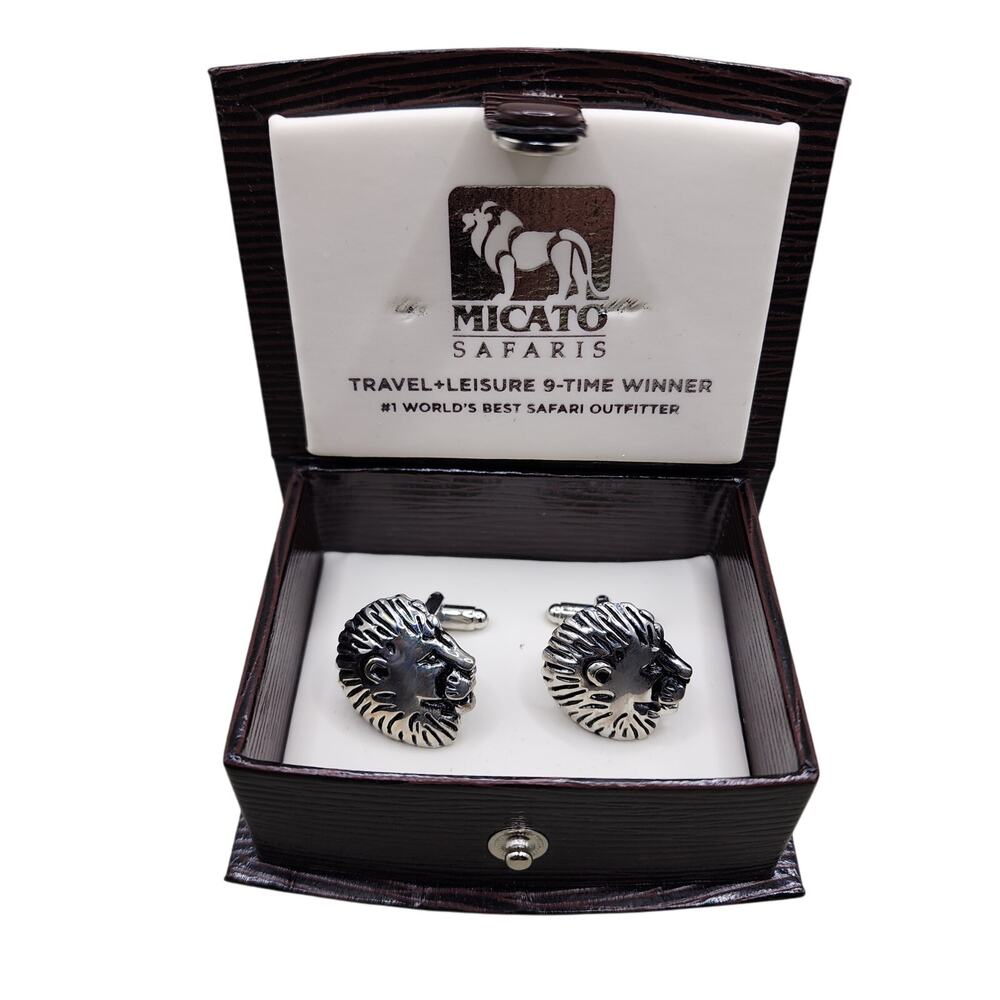 Lion Head Pair 1" Cufflinks Animal Wedding Gift Box Vintage Micato Safaris